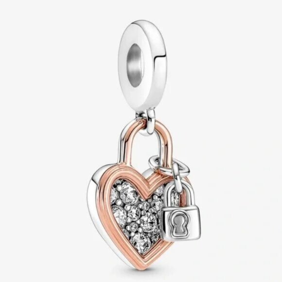 Pandora Silver and Rose Gold Heart Lock Bracelet Charm - Picture 1 of 5